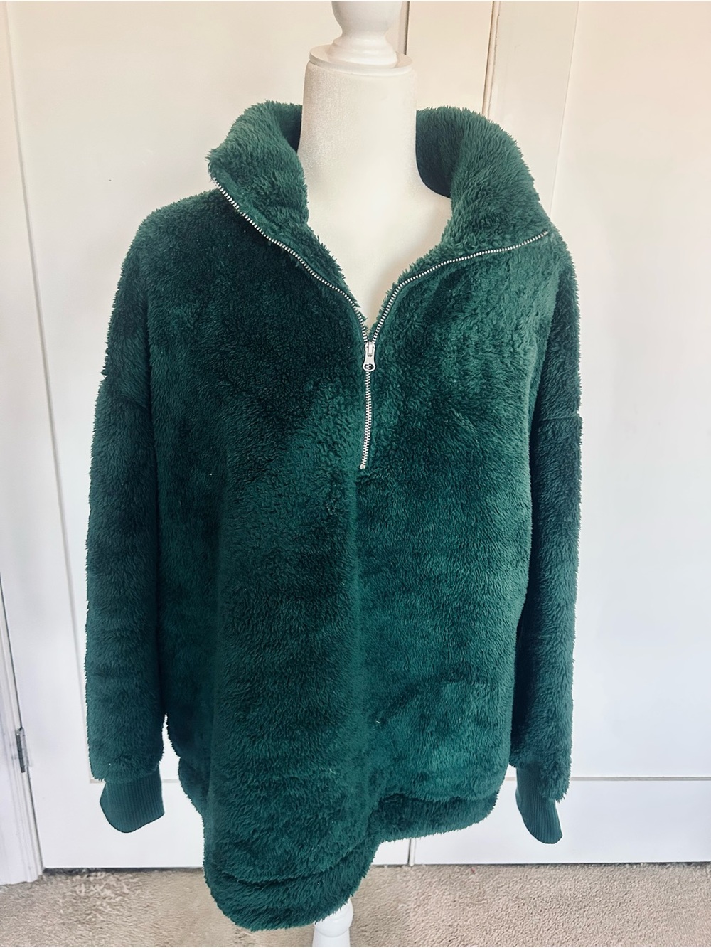 Ann Taylor Loft Plush Half-Zip Teddy Pullover in Deep Forest Green XL